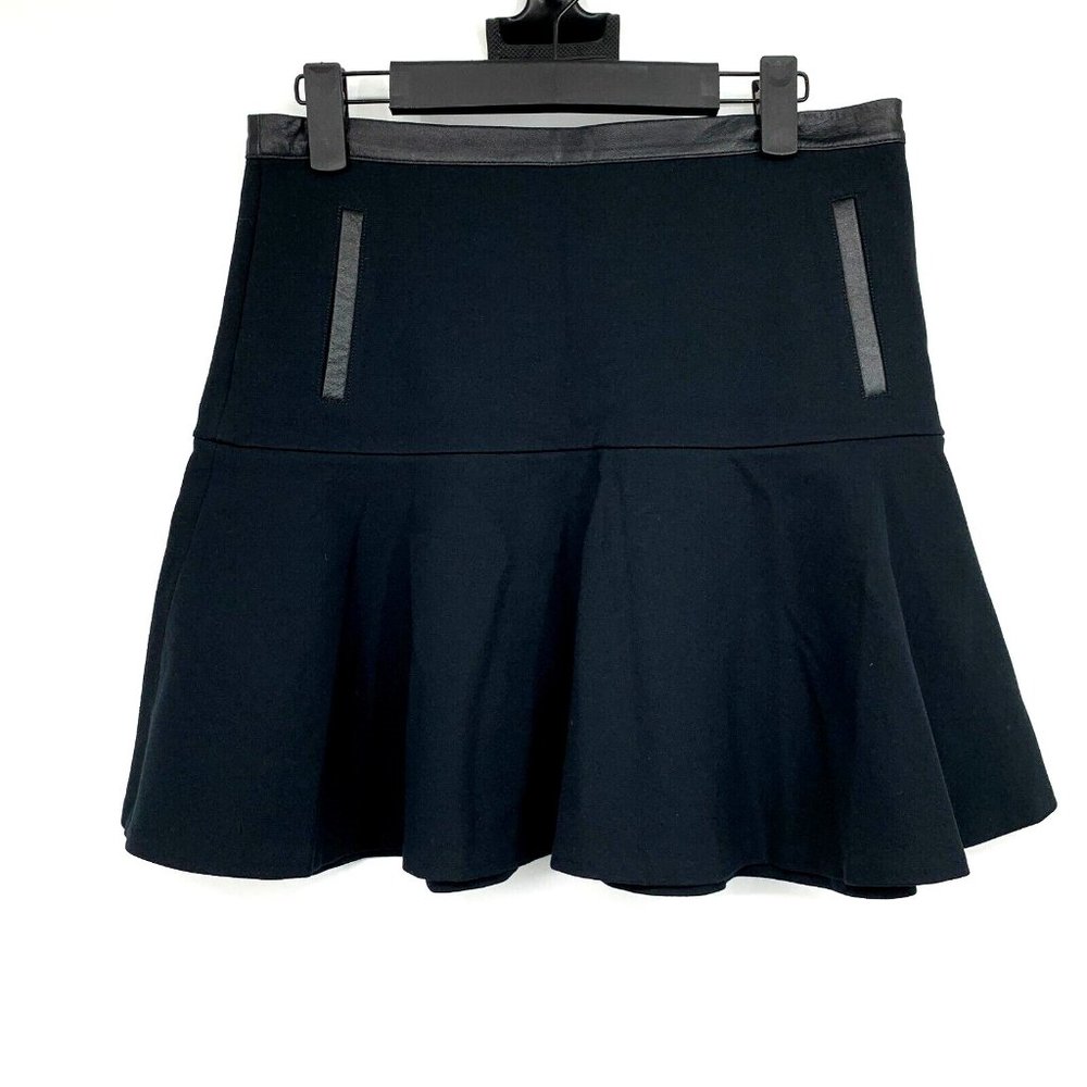 Club Monaco Skirt Christine Black 100% Leather Trim Ruffle Mini Flare - Picture 3 of 10